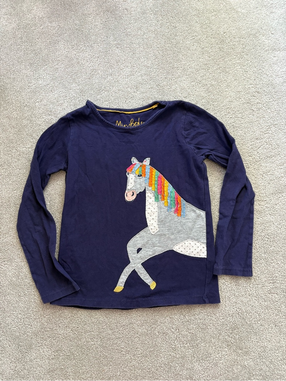 Mini Boden Dark Purple Long Sleeve Tee with Rainbow-Mane Horse Applique